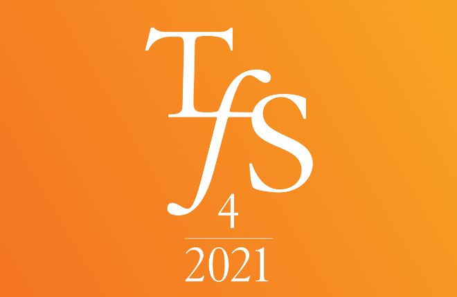 Forsiden av Tidsskrift forsamfunnsforskning utgave nummer 4 2021. Logo på oransje bakgrunn. 