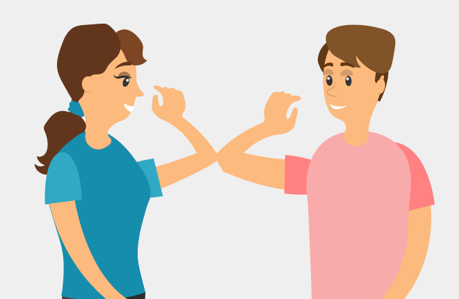 Two people greeting by touching elbows