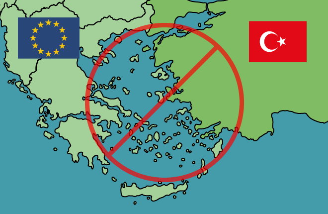 Kart over Hellas og Tyrkia med stopptegn over