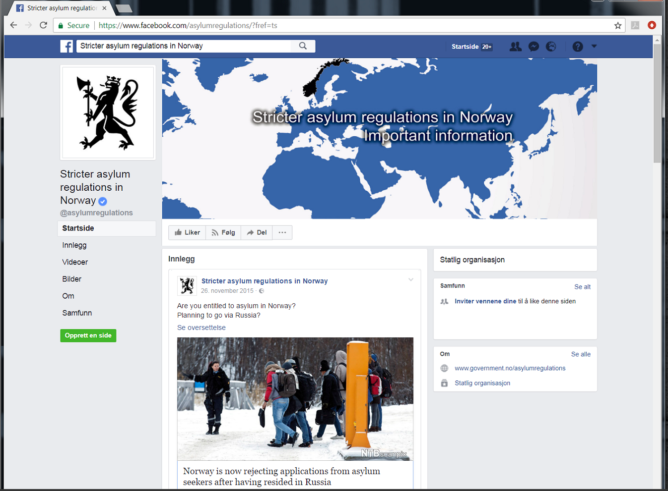 Skjermdump fra Facebook-siden for "Stricter asylum regulations in Norway", ved Justis- og beredskapsdepartementet.