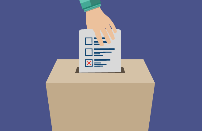 Illustrasjon av en person som putter en stemmeseddel i en valgurne 