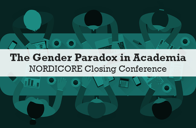 Illustrasjon av seks personer som jobber rundt et bord, med teksten "The gender paradox in academia: NORDICORE final conference".