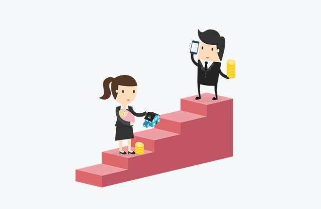Illustration of a man and a woman on a career ladder