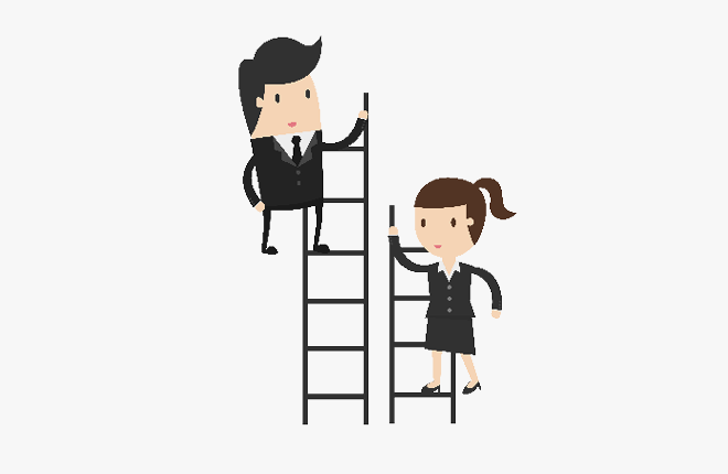 Illustration of a business man and a business woman climbing ladders
