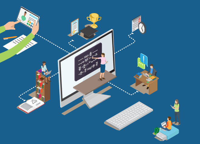 image of small people doing research and lecturing