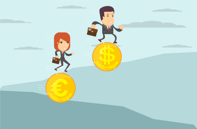woman running downhill on a gold coin, and man running uphill on a gold coin