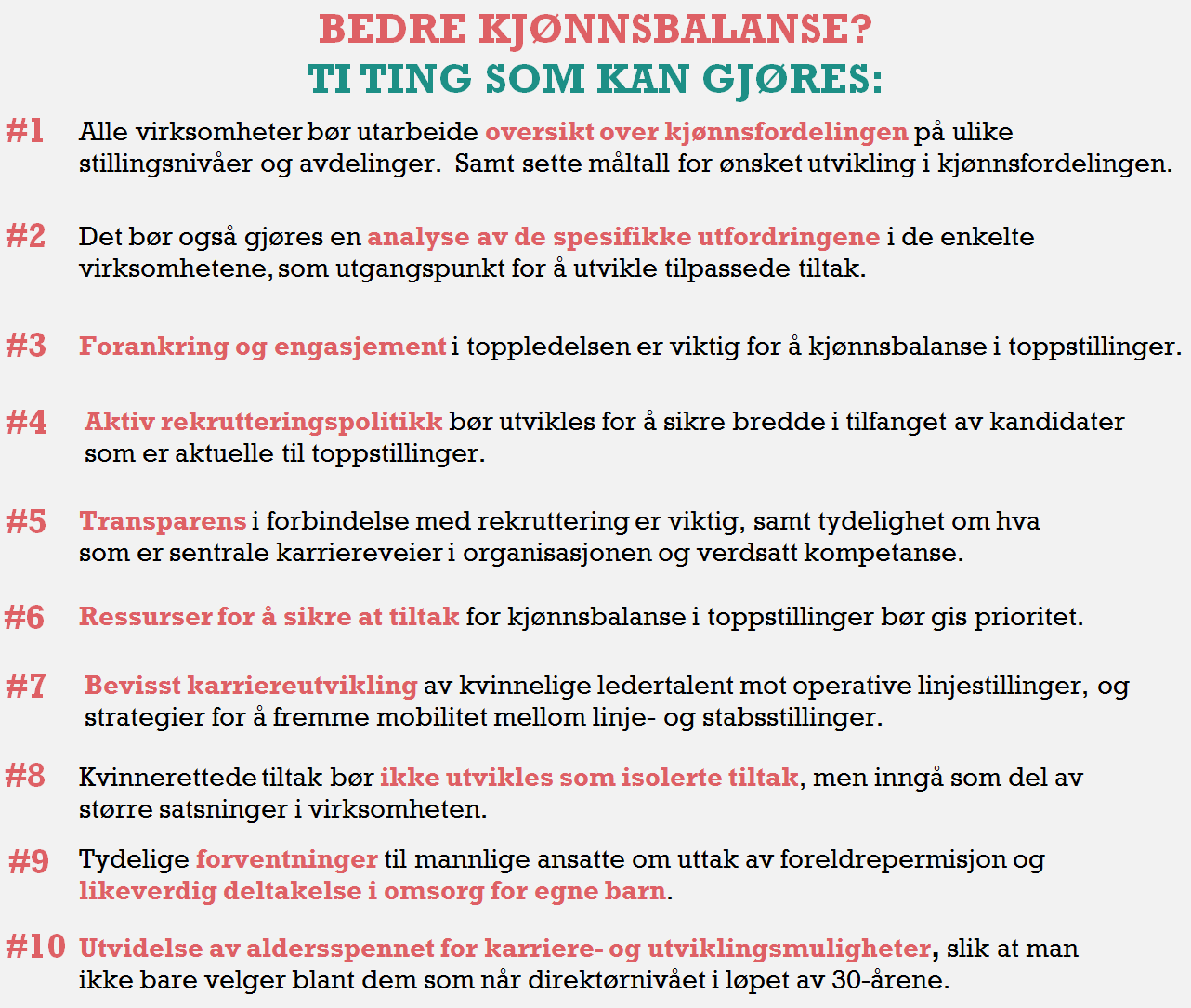 Bilde som viser ti ting som kan gjøres for bedre kjønnsbalanse