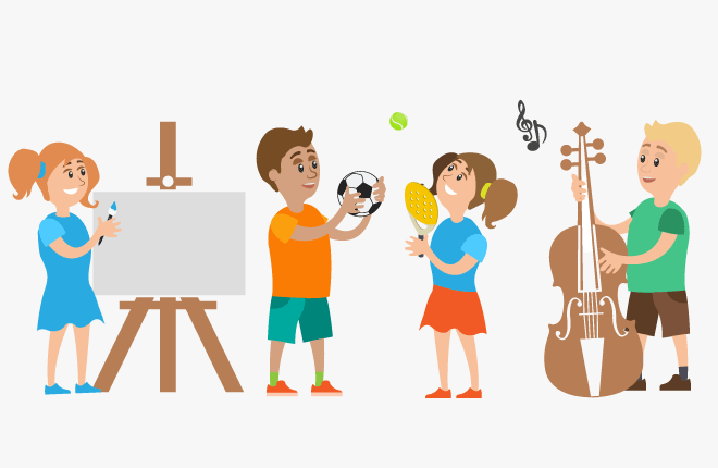 Illustration of children painting, playing football, playin cello 