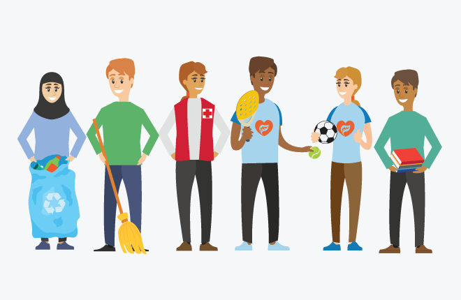 Illustrasjon av syv ulike mennesker som blant annet plukker søppel, vasker og holder en fotball. 